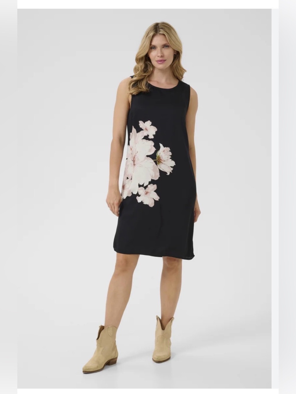 Sleeveless Silky Black Floral Shift Dress - Pink Blossom Print — by CREAM